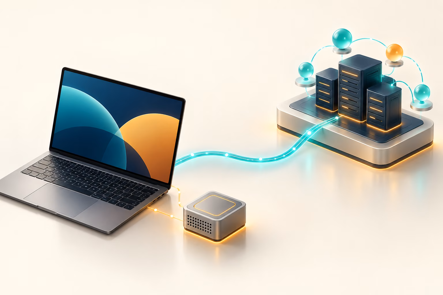 Notebook conectado a um módulo local e a servidores remotos por caminhos luminosos