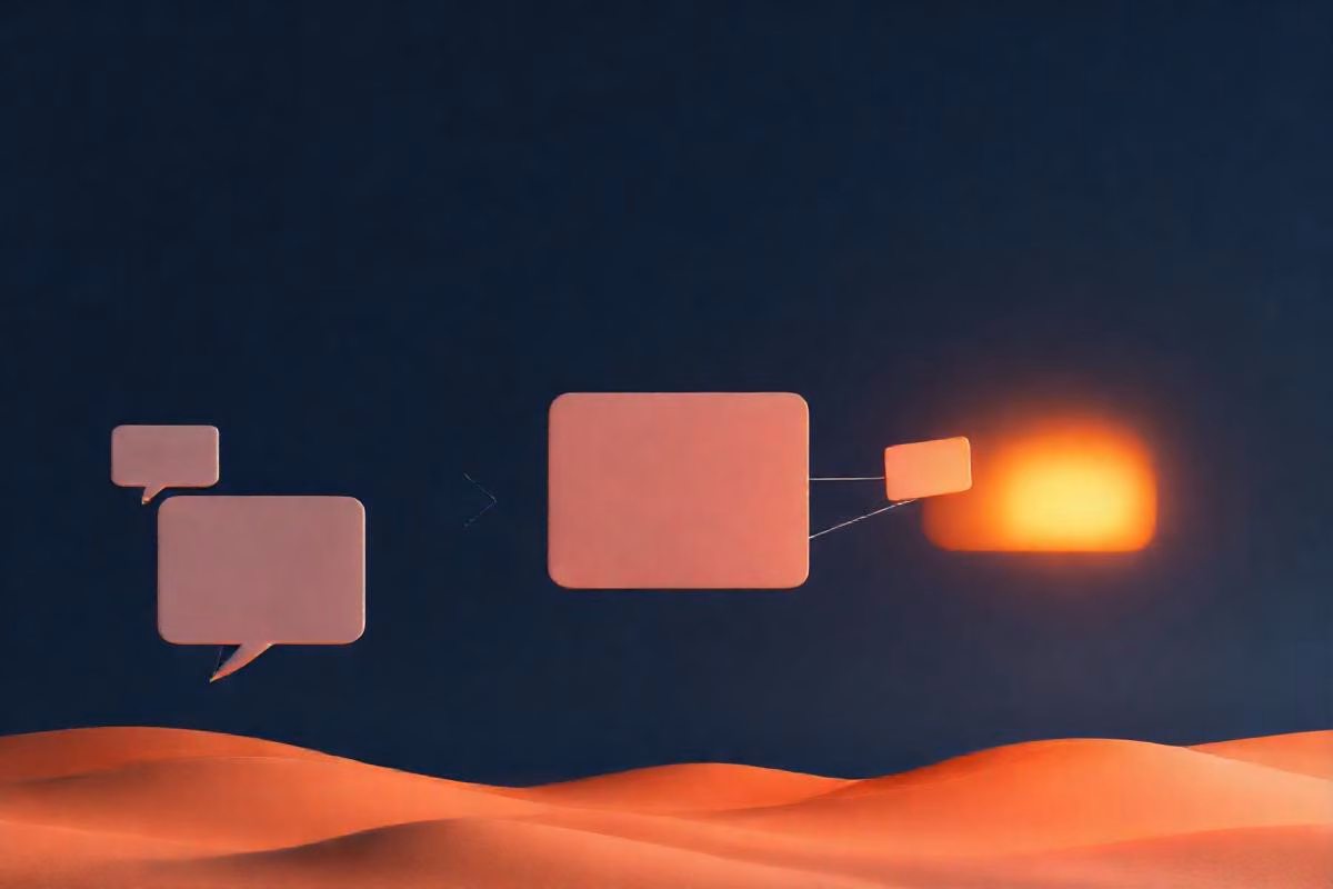 Balões de conversa, bloco central e elemento luminoso conectados em sequência