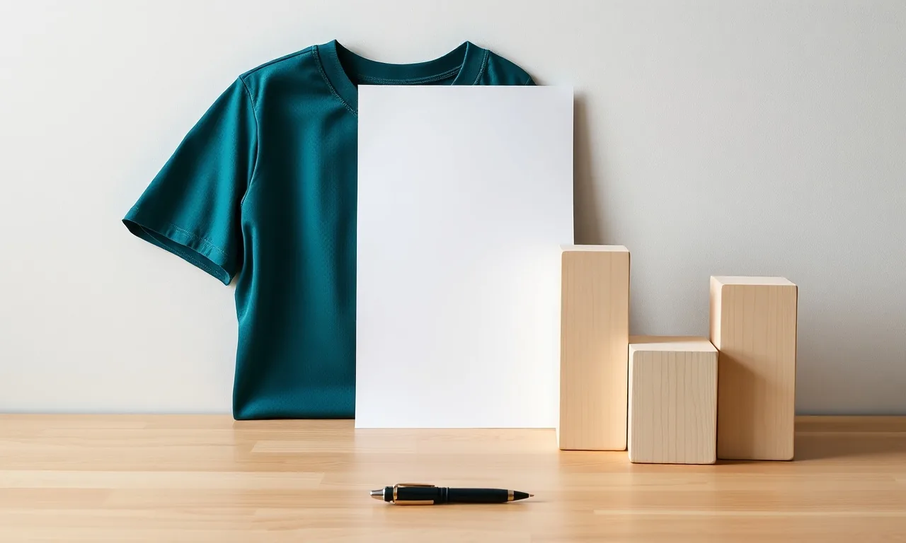 Camisa, folha em branco e blocos de madeira simbolizando fontes de receita