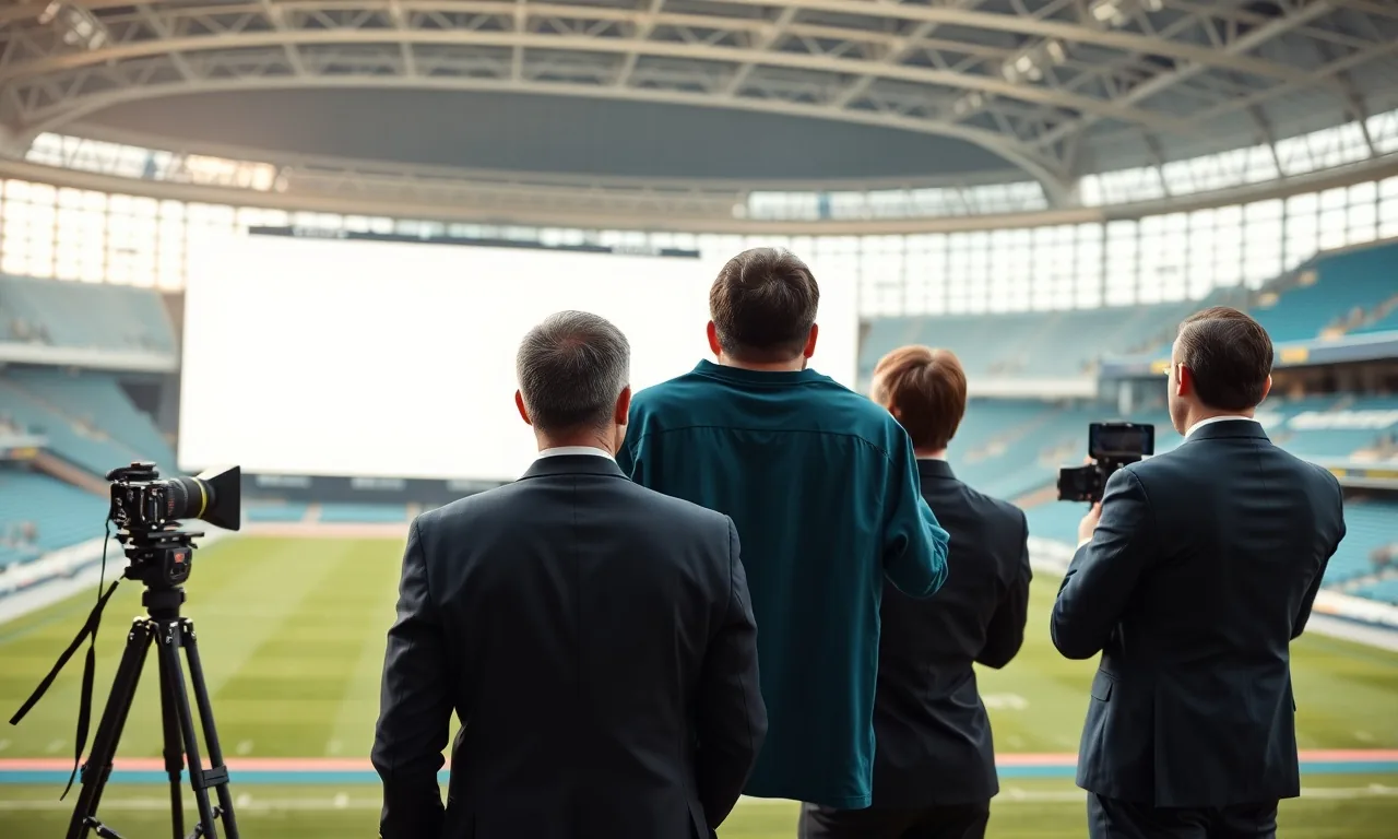 Profissionais de marketing diante de um painel vazio em um estádio